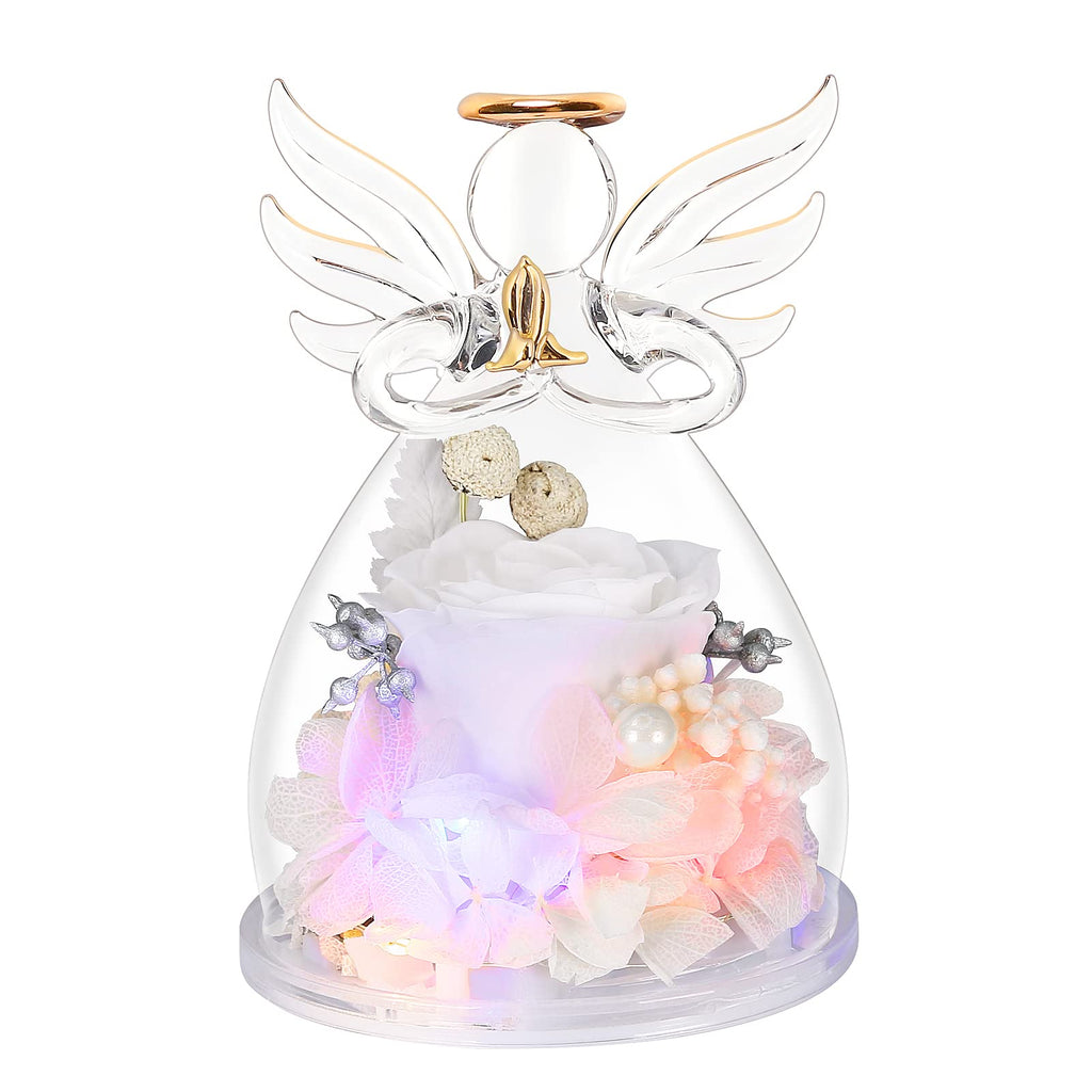 Preserved Flower Rose Gifts in Glass Angel FigurinesValentines Day Gifts for HerBirthday Gifts for WomenAngel Rose Gifts with LightMom Gifts from DaughterWhite Real Rose Gifts for Grandma Wife