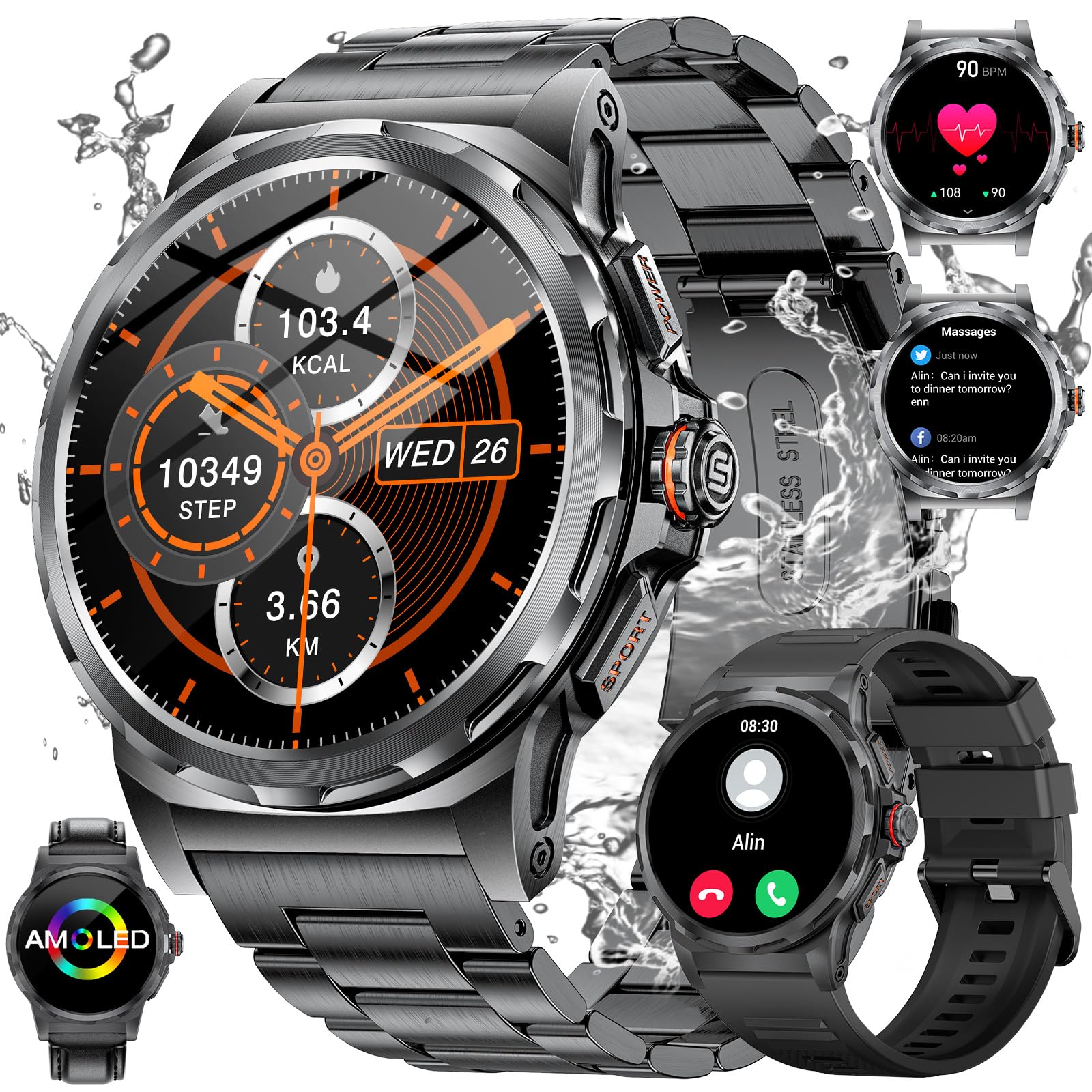 HIRREO Military Smart Watch for Men (3 Strap) Tactical Smart Watches for Bluetooth Call Blood Pressure/Heart Rate/Sleep Monitor Watch 1.43" AMOLED Men Smart Watches for iOS Android Compatible