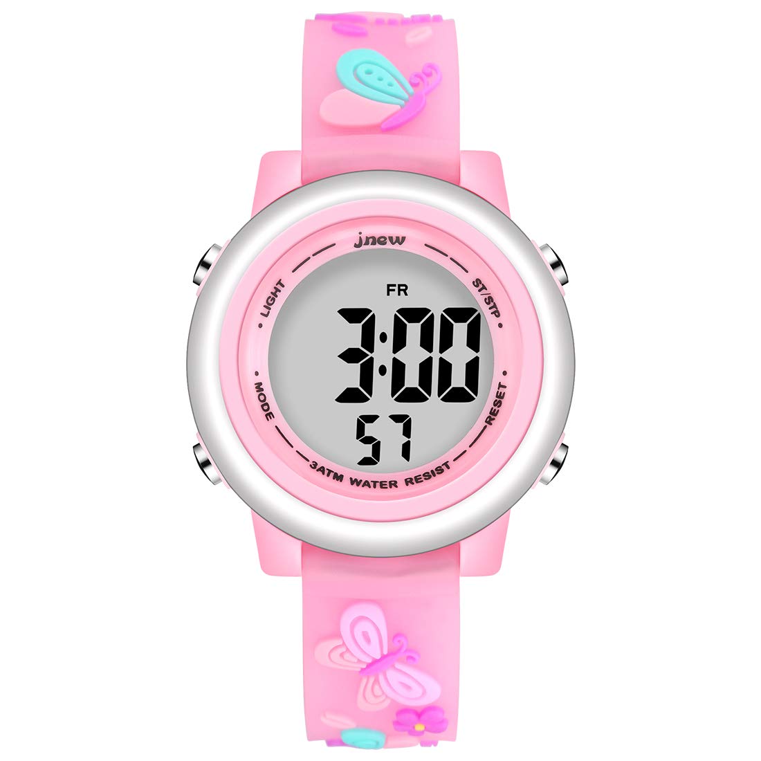 jianxiang Kids Digital Sport Watches for Girls Boys Waterproof Outdoor LED Timer with 7 Colors Backlight 3D Cartoon Silicone Band Child Wristwatch (Butterfly Pink)