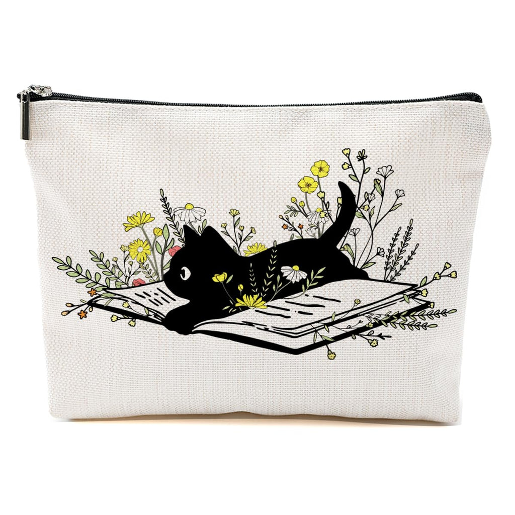 Cat Gifts for Women Book Lovers Gifts Cat Makeup Bag Cat Lover Gifts for Women Cat Owner Wife Cat Mom Gifts Floral Cosmetic Bag Book Gifts Toiletry Bag Christmas Thanksgiving Birthday Gifts