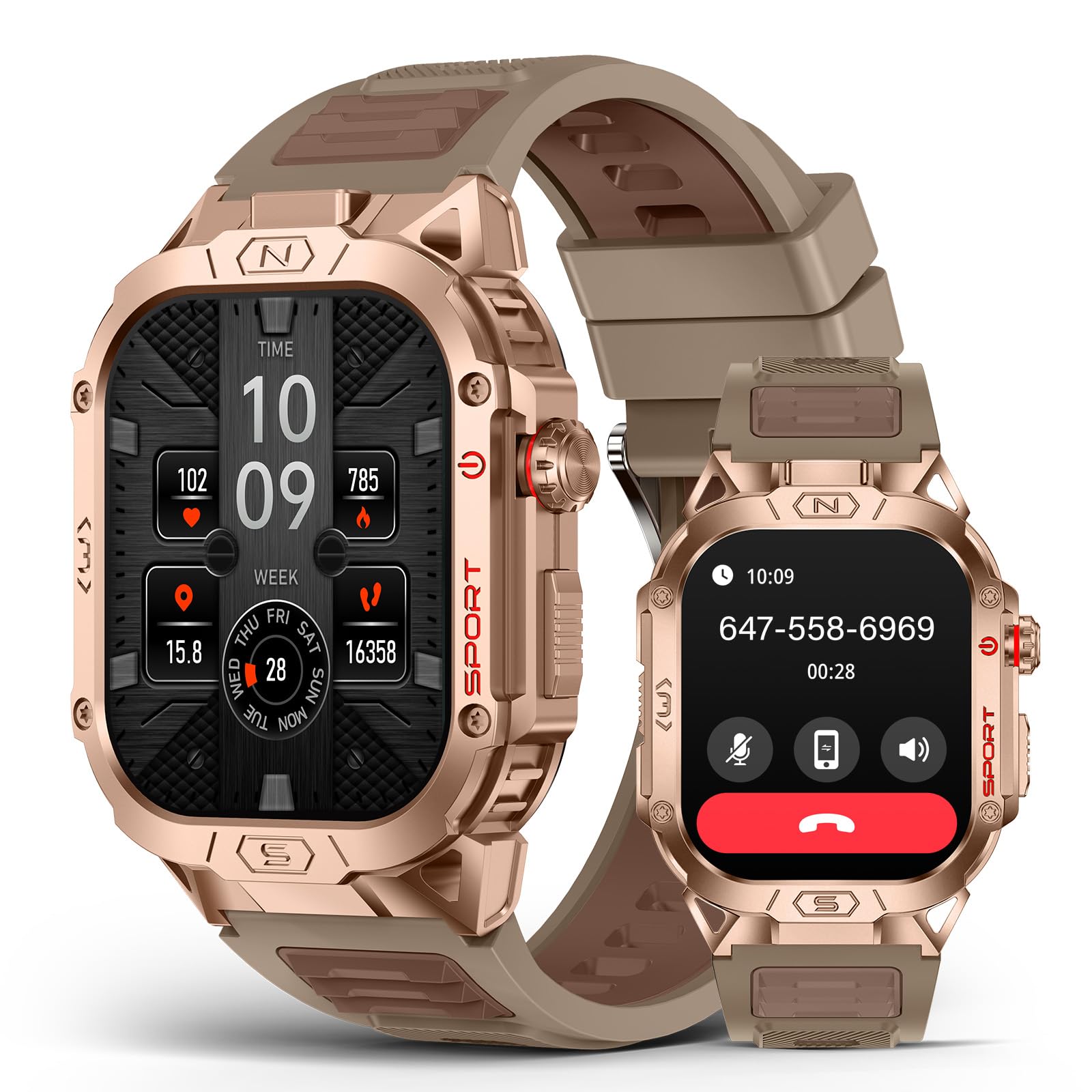 SOUYIE Military Grade Smart Watches for Men LED flashlight Blood Pressure/Heart Rate/SpO2/Sleep 500mAh Large capacity battery Waterproof Rugged Fitness Tracker Compatible with Android and iOS Phone