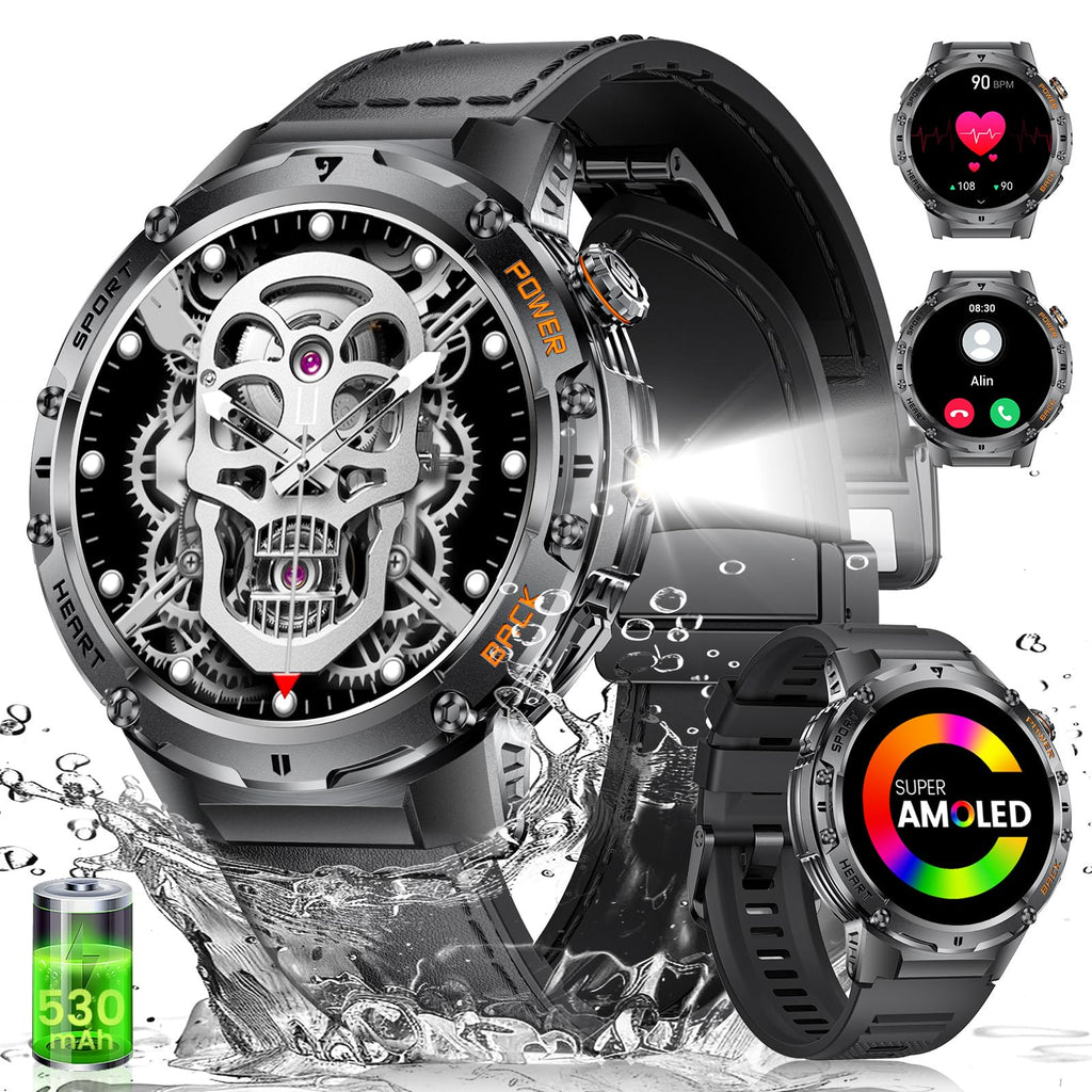 Military Smart Watches for Men with LED Flashlight(Answer/Make Calls)530mAh Large Battery1.43’’ AMOLED5ATM Waterproof Smartwatch for Android iOS130+Sport Modes Heart Rate/Sleep Monitor Leather