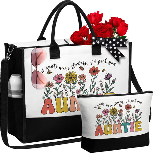 Aunt Gifts from Niece Nephew Auntie Gifts Aunt Valentines Day Gifts for Auntie Best Aunt Ever Gifts Aunt Birthday Gifts for Auntie Mothers Day Gifts for Aunt - Auntie Canvas Tote Bag & Makeup Bag