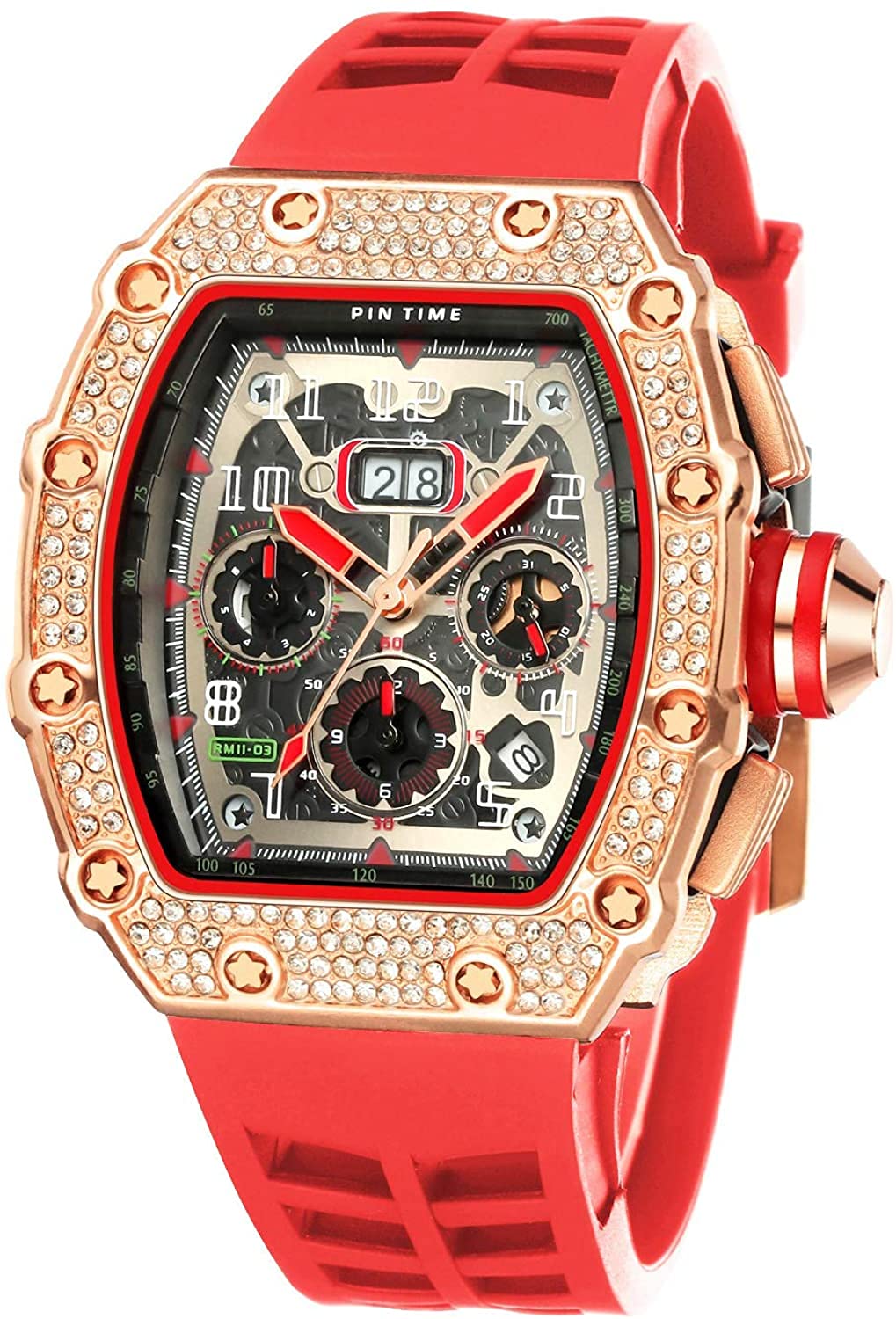 Gosasa Mens Unique Punk Bling Iced Out Dress Watches Tonneau Rectangle Watches for Men Waterproof Analog Chronograph Sports Watch Silicone Band