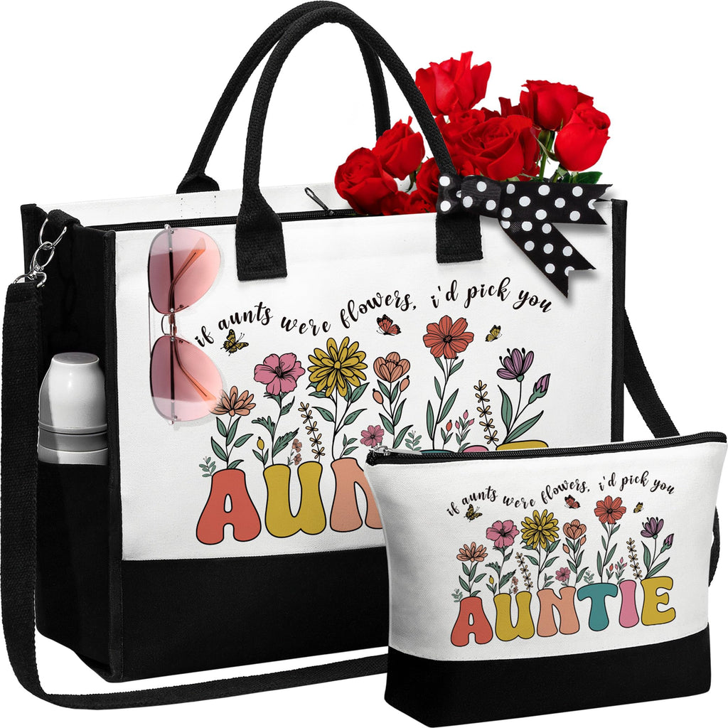 Aunt Gifts from Niece Nephew Auntie Gifts Aunt Valentines Day Gifts for Auntie Best Aunt Ever Gifts Aunt Birthday Gifts for Auntie Mothers Day Gifts for Aunt - Auntie Canvas Tote Bag & Makeup Bag